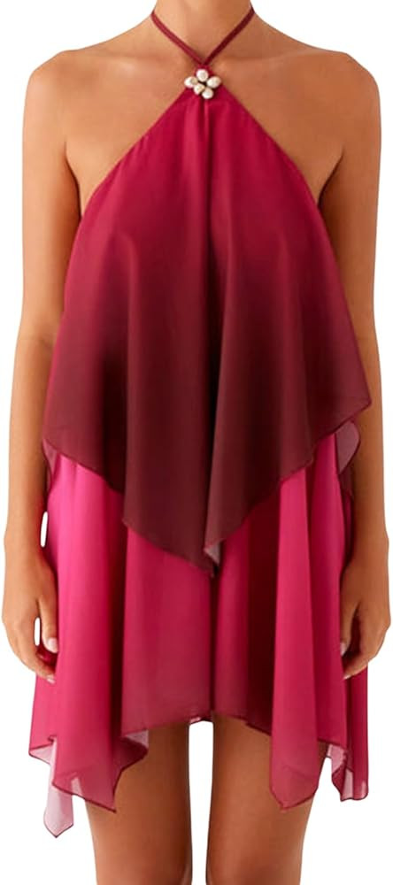 Women Gradient Halter Backless Mini Dress Boho Sleeveless Flowy Layered Hem Summer Party Beach Sh... | Amazon (US)