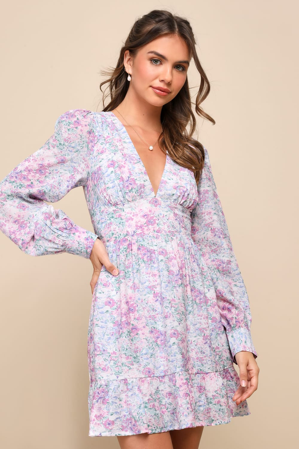 Lovable Poise White Multi Floral Long Sleeve Skater Mini Dress | Lulus (US)