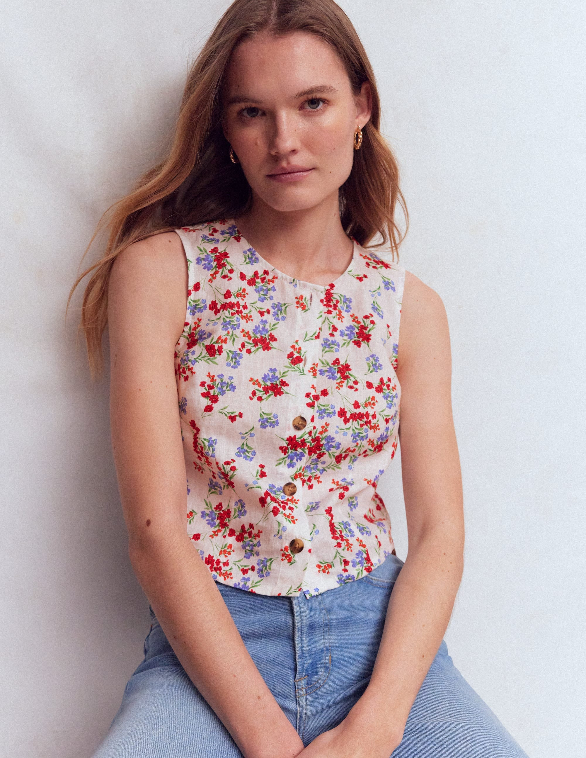 Andrea Linen Shell Top-Zesty Orange, Pink Gingham | Boden (US)