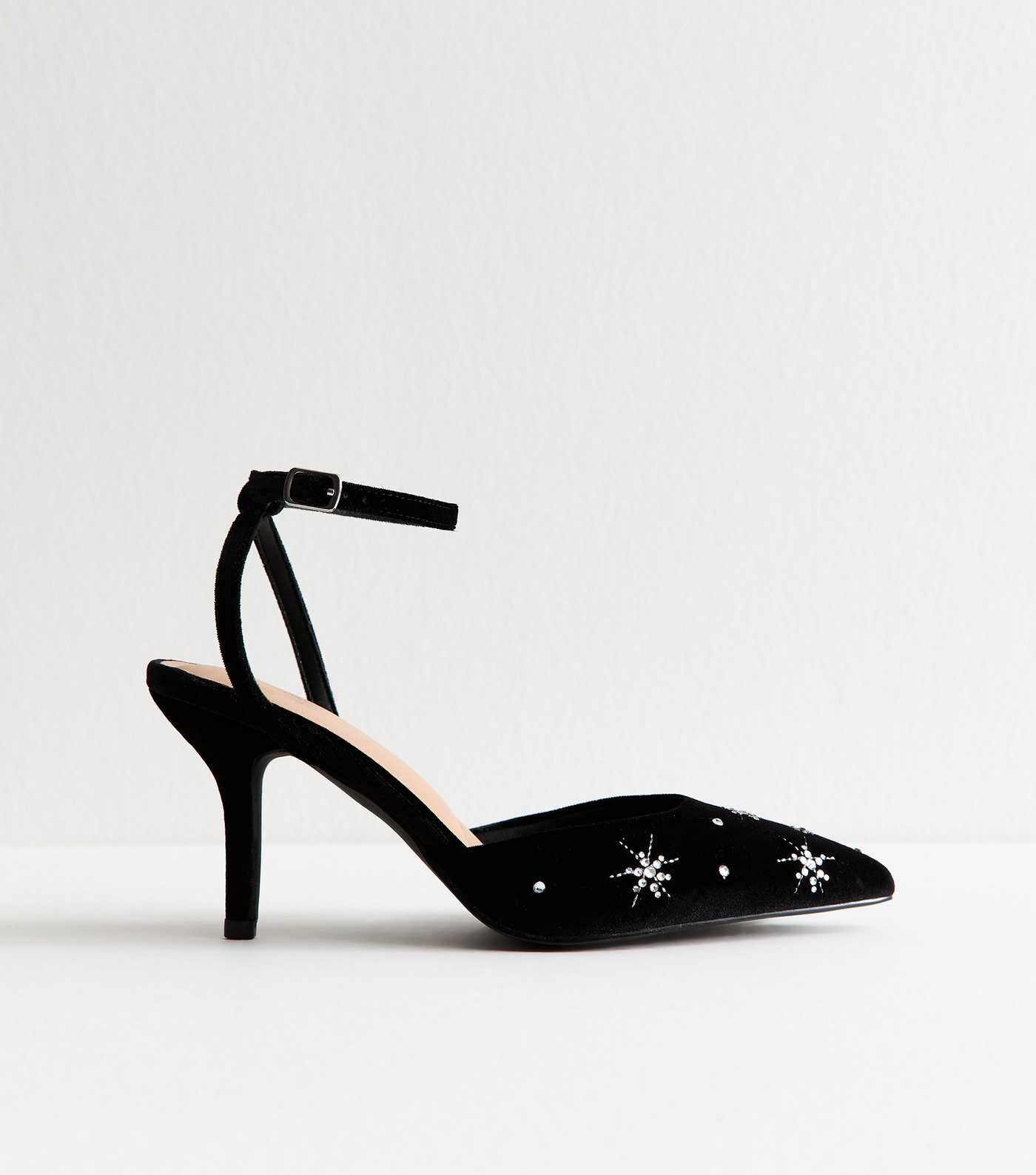 Wide Fit Black Velvet Star Embellished Heeled Pointed Toe Pumps | New Look | New Look (UK)