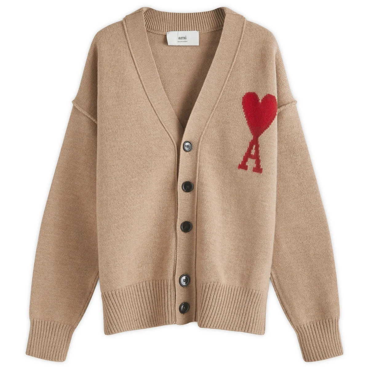 AMI Paris Men's Large A Heart Cardigan in Camel/Red, Size Medium | END. Clothing