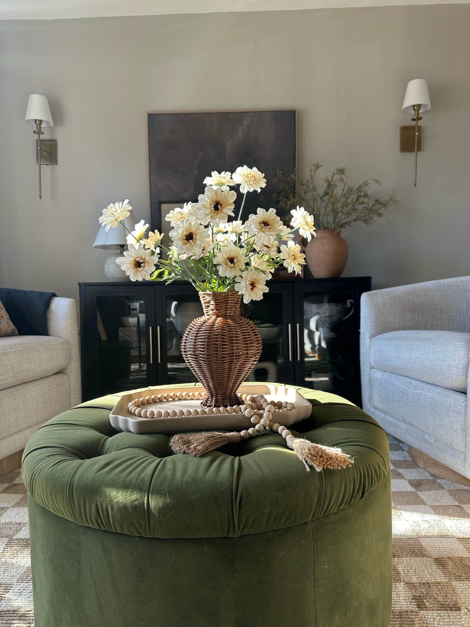 Lots of questions about the stems in the vase and the green ottoman! I linked it below! 

#LTKHome #LTKSeasonal
