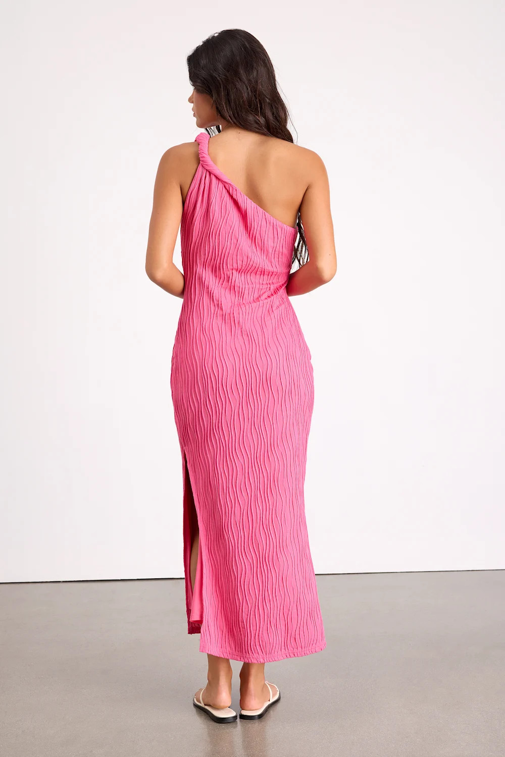 Aristea Fuchsia Textured One-Shoulder Midi Dress | Lulus