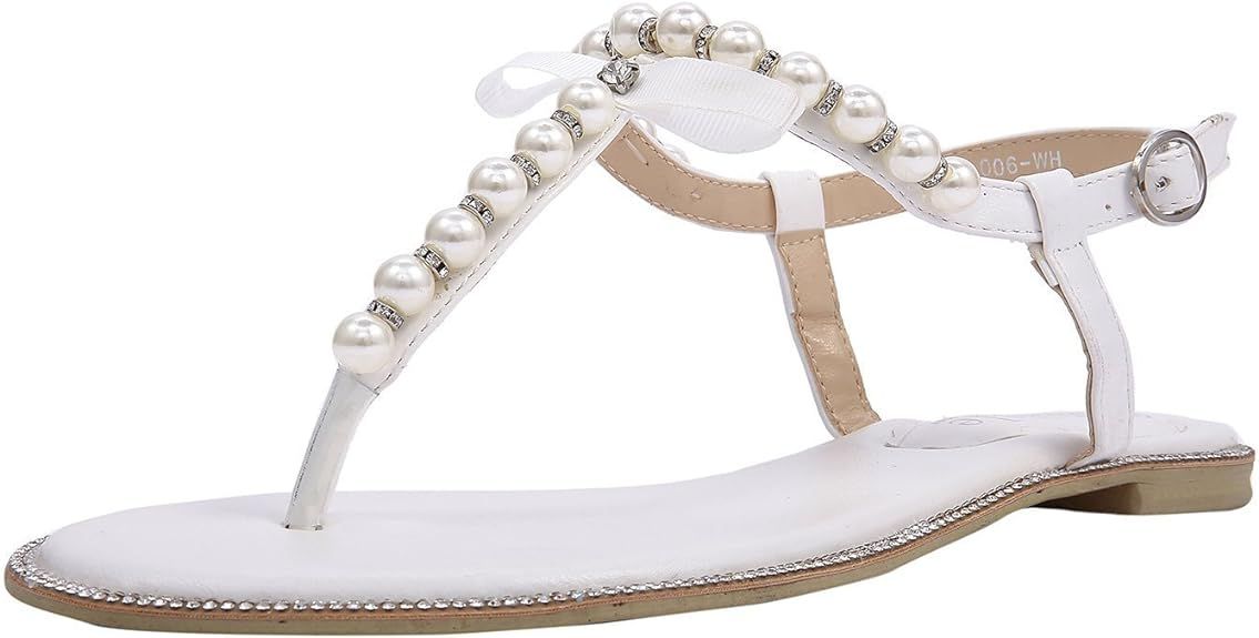 SheSole Women's Pearl T-Strap Bridal White Flat Sandals Beach Wedding Shoes | Amazon (US)