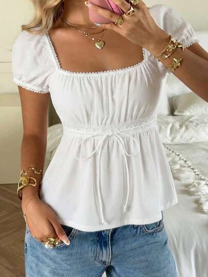 CovetEZ Summer Outfits Square Neck Puff Sleeve Tie Front Tee | SHEIN