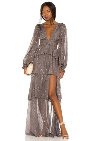 For Love & Lemons X REVOLVE Tiered Ruffle Gown in Grey from Revolve.com | Revolve Clothing (Global)