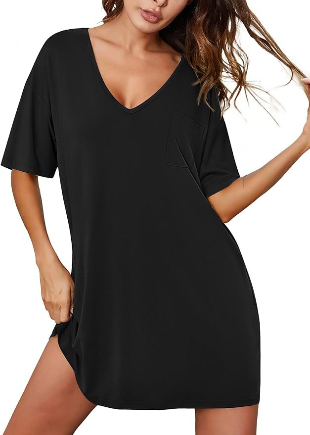 Ekouaer Nightgowns for Women Bamboo Viscose Sleepshirt Short sleeve Nightshirt V Neck T shirt Nig... | Amazon (US)