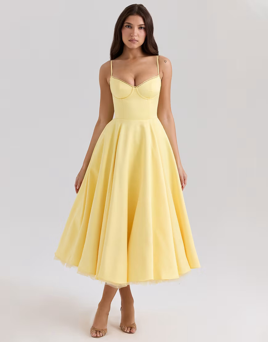 House of CB Mademoiselle satin tulle midi dress in sunshine yellow | ASOS (Global)