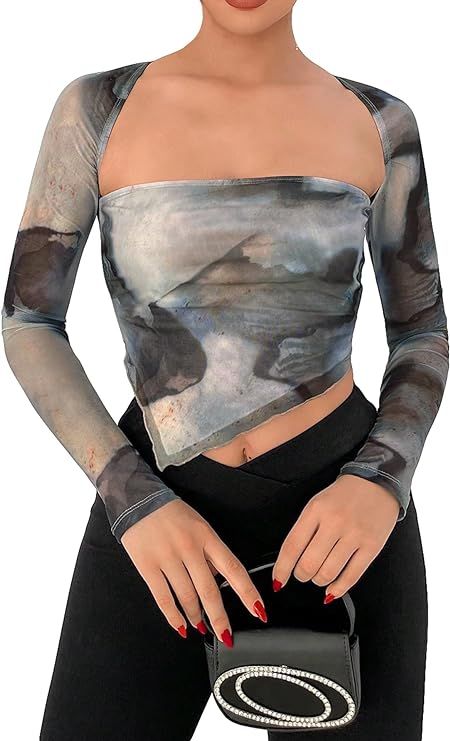 SOLY HUX Women's Tie Dye Tees Long Sleeve Square Neck T-Shirt Asymmetrical Y2k Going Out Crop Top... | Amazon (US)