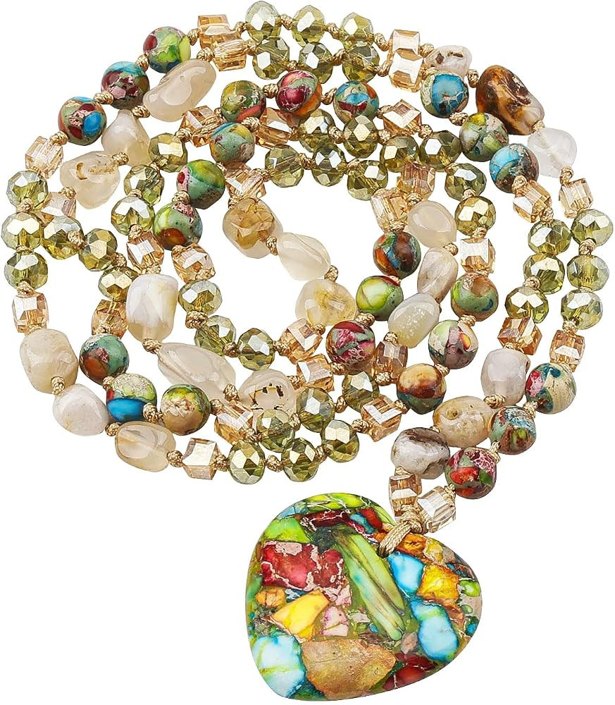 Long Necklaces for Women Boho, Oval Waterdrop Turquoise Pendant, Natural Stone Beaded, Handmade,V... | Amazon (US)