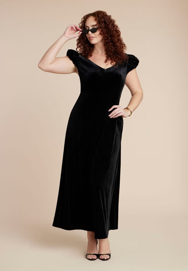 Velvet Short Puff Sleeve Maxi Dress | Eloquii