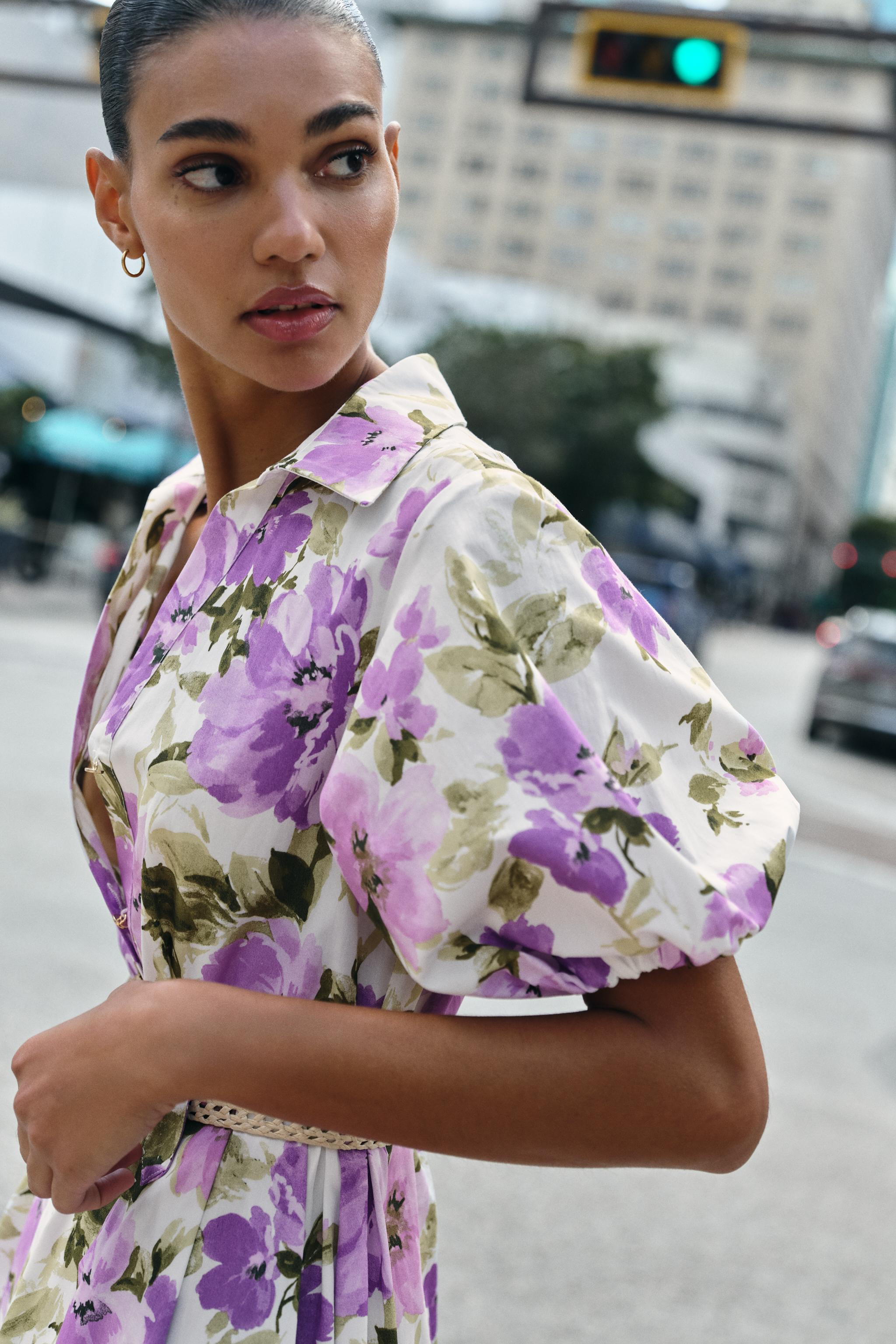 FLORAL PRINT BELTED MIDI DRESS | Zara US