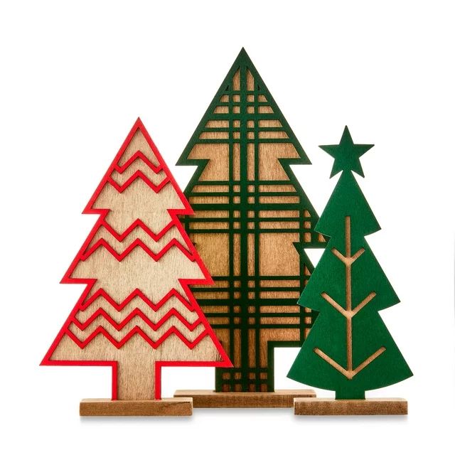 Christmas Decorative 3 Pack Green Red Color Wooden Tree Trio Tabletop Decoration for Indoor, by H... | Walmart (US)