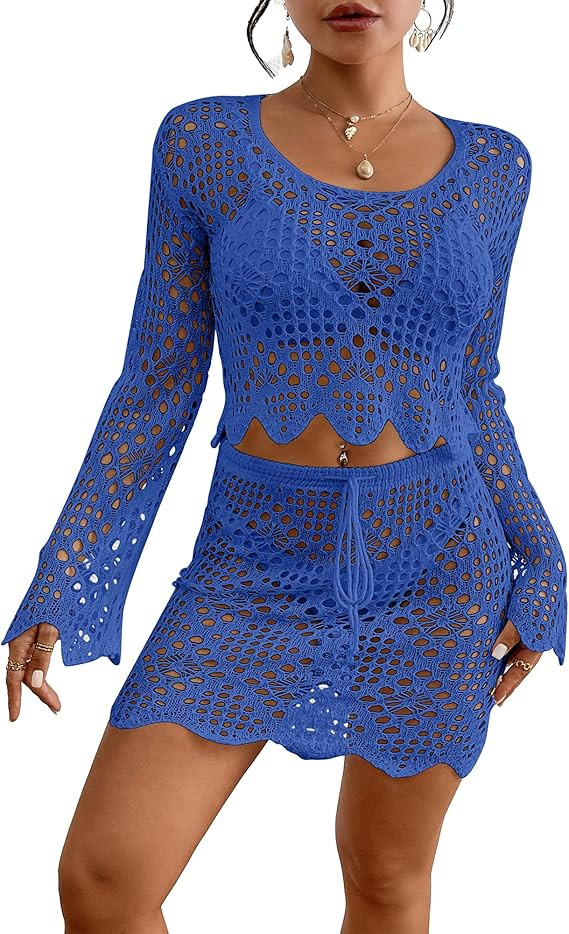 Bsubseach Crochet Coverups for Women Two Piece Swimsuit Cover Up Hollow Out Knit Skirt Set Beach ... | Amazon (US)