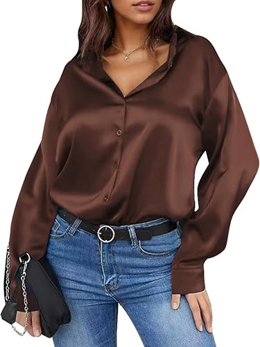 Damipow Satin Silk Button Down Shirts for Women Dress Shirts Long Sleeve Blouses Womens Shirt,Dark Brown,M | Amazon (US)