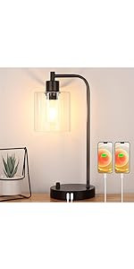 Industrial Table Lamp with 2 USB Charging Ports, Fully Stepless Dimmable Modern Nightstand Lamp, ... | Amazon (US)