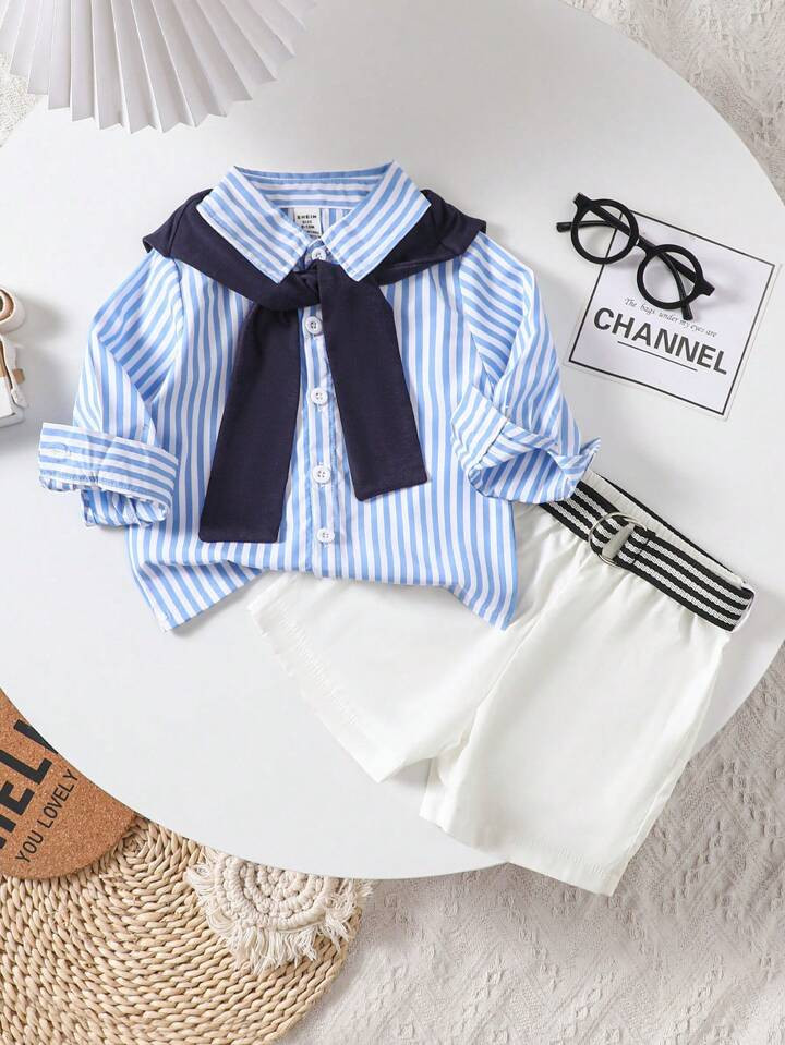 SHEIN Genkimix Kids Baby Boys' Spring/Summer Casual Striped Shirt And Shorts Set With Waist Belt ... | SHEIN