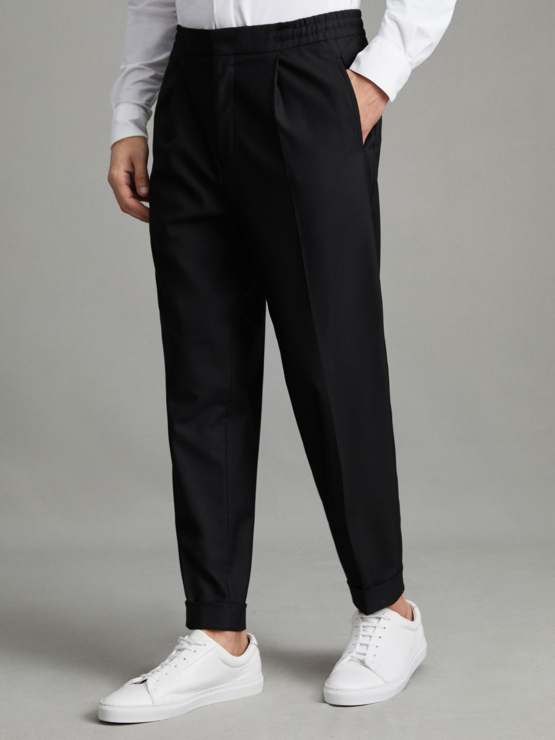 Reiss Relaxed Drawstring Trousers with Turn-Ups in Black - REISS | Reiss UK