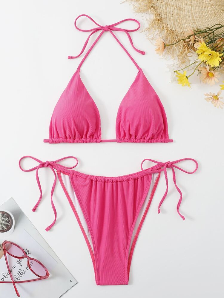Plus Neon Pink Halter Tie Side Bikini Swimsuit | SHEIN