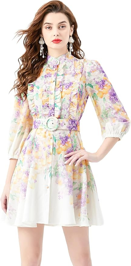 LAI MENG FIVE CATS Women's Floral Print Lantern Sleeve Button up Casual Mini A-line Dress | Amazon (US)
