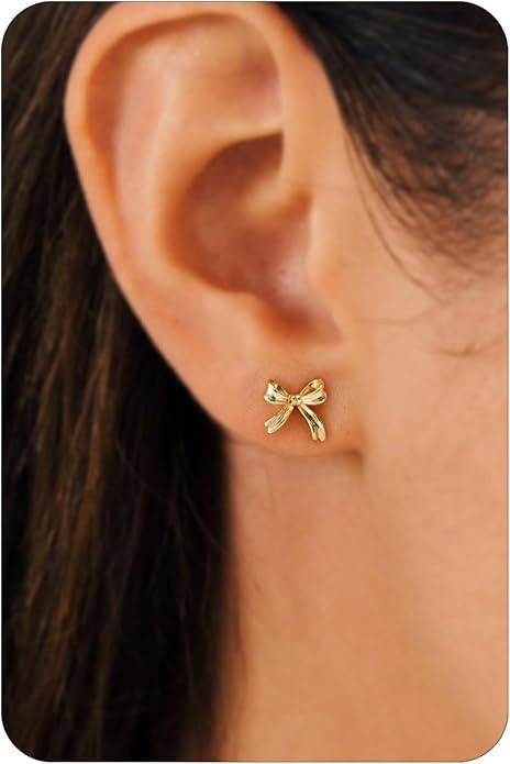Gold Earrings-14K Gold/Silver Plated Bow Earrings Minimalist Bow Stud Earrings for Women Trendy D... | Amazon (US)