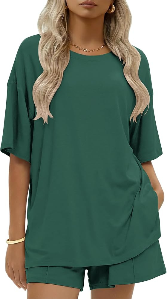 Amazon.com: Ekouaer Womens Cotton 2 Pieces Short Sets Summer Short Sleeve Outfits Casual Matching... | Amazon (US)