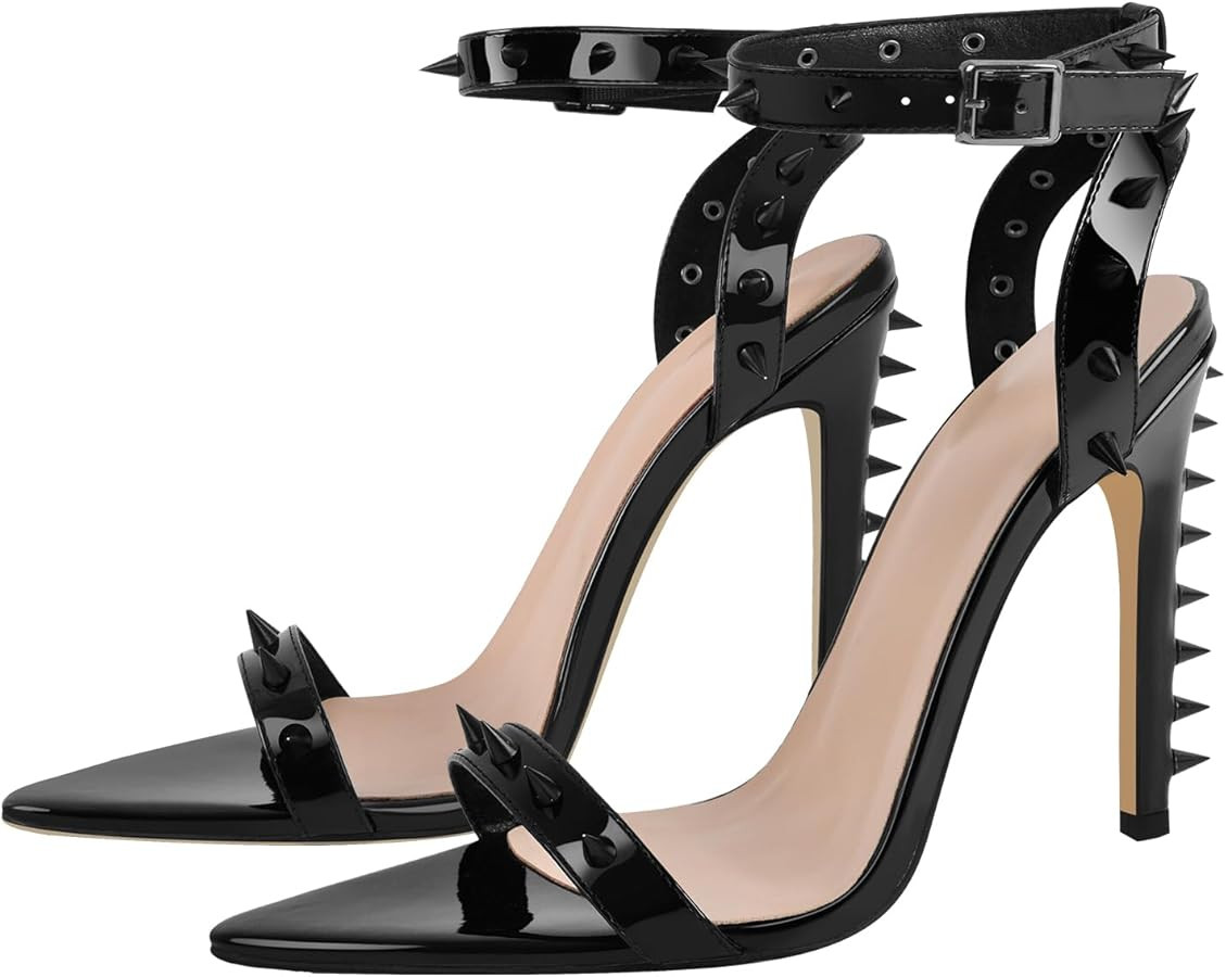 richealnini Women's Rivets Stiletto Heels Sandals with Adjustable Buckle Rivets Ankle Strap Point... | Amazon (US)