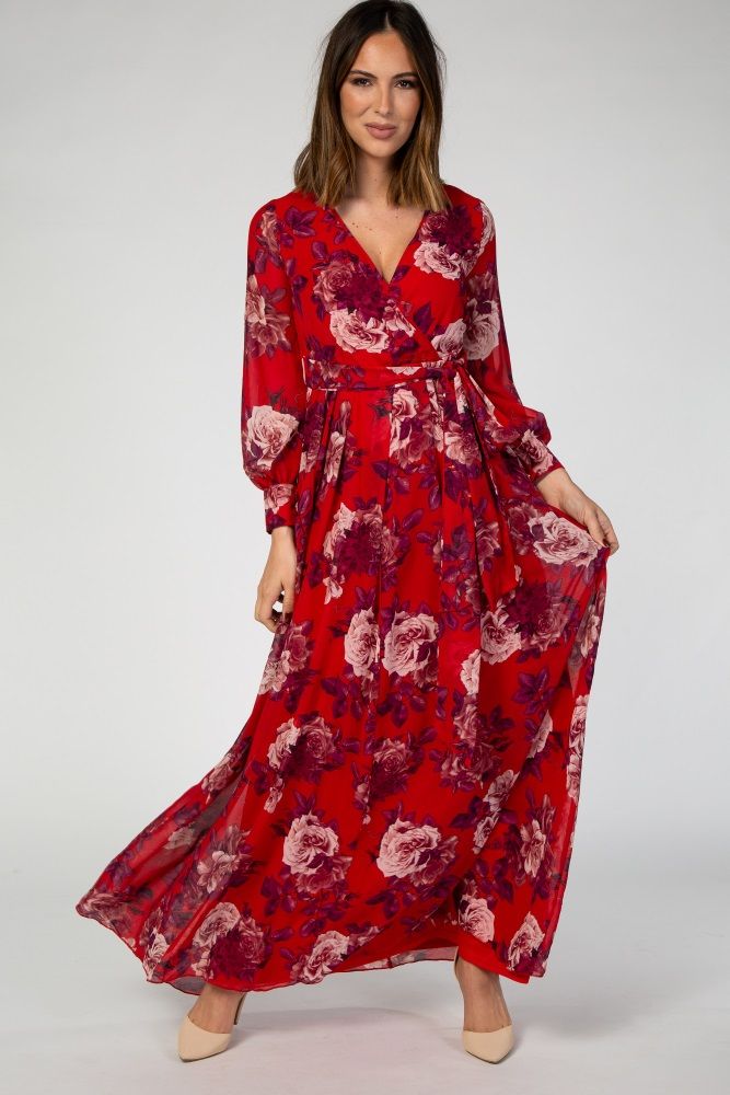 Red Rose Floral Chiffon Maxi Dress | PinkBlush Maternity