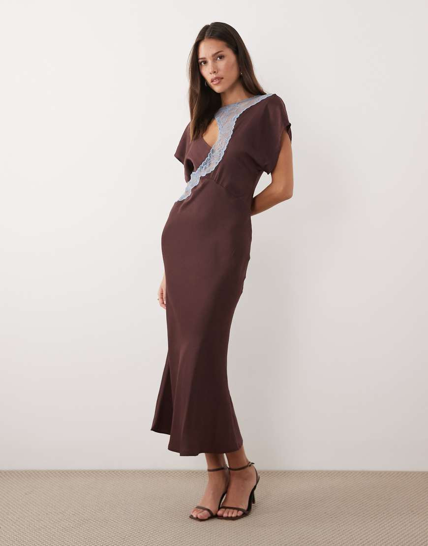 ASOS DESIGN lace appliqué grown on sleeves bias cut satin dress in plum-Purple | ASOS (Global)
