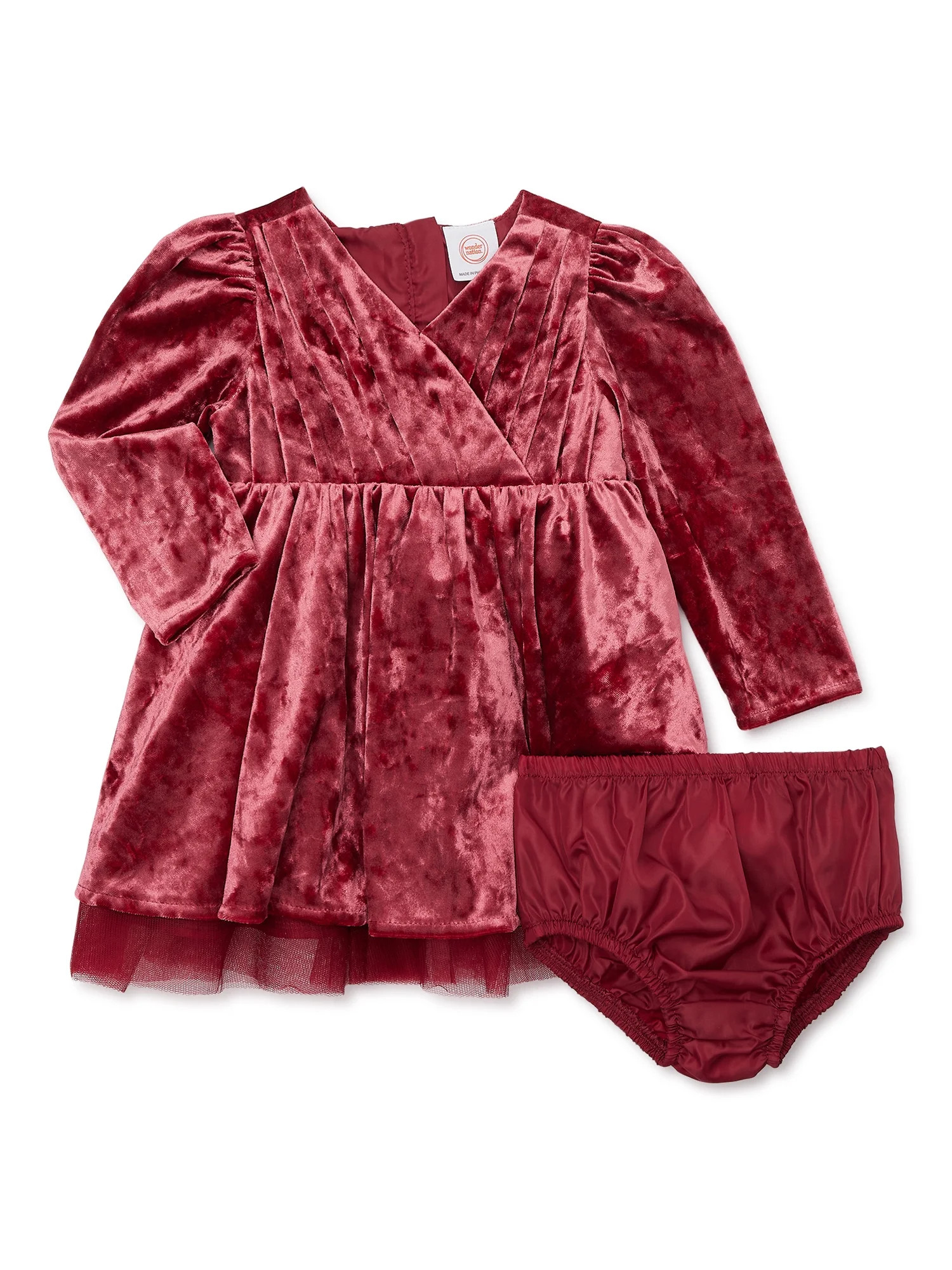 Wonder Nation Baby and Toddlers Girls’ Long Sleeve Holiday Dress with Diaper Cover, Sizes 0/3M-... | Walmart (US)