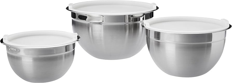 Amazon Basics Stainless Steel 3-Piece Round Mixing Bowl Set, Silver & White | Amazon (UK)