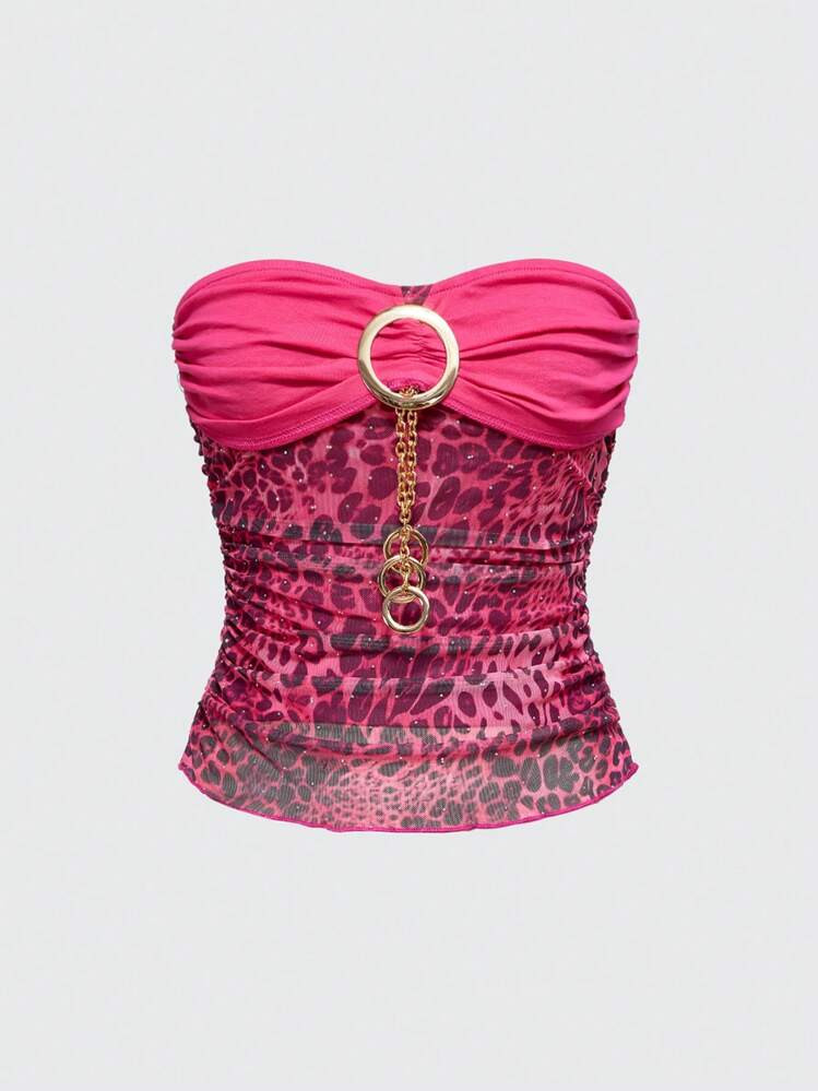 ROMWE Grunge Punk Leopard Print Rhinestone Metallic Chain Front Tight Fitting Tank Top For Women, Wild Chic Retro Style | SHEIN