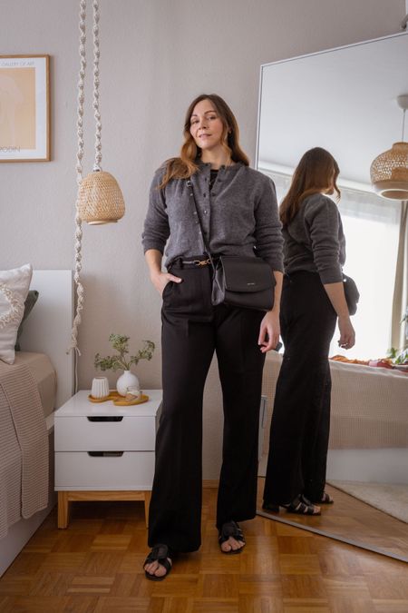 Chic spring ootd with wide pants and grey cardigan. #allblackstyle

#LTKGala #LTKeurope #LTKworkwear