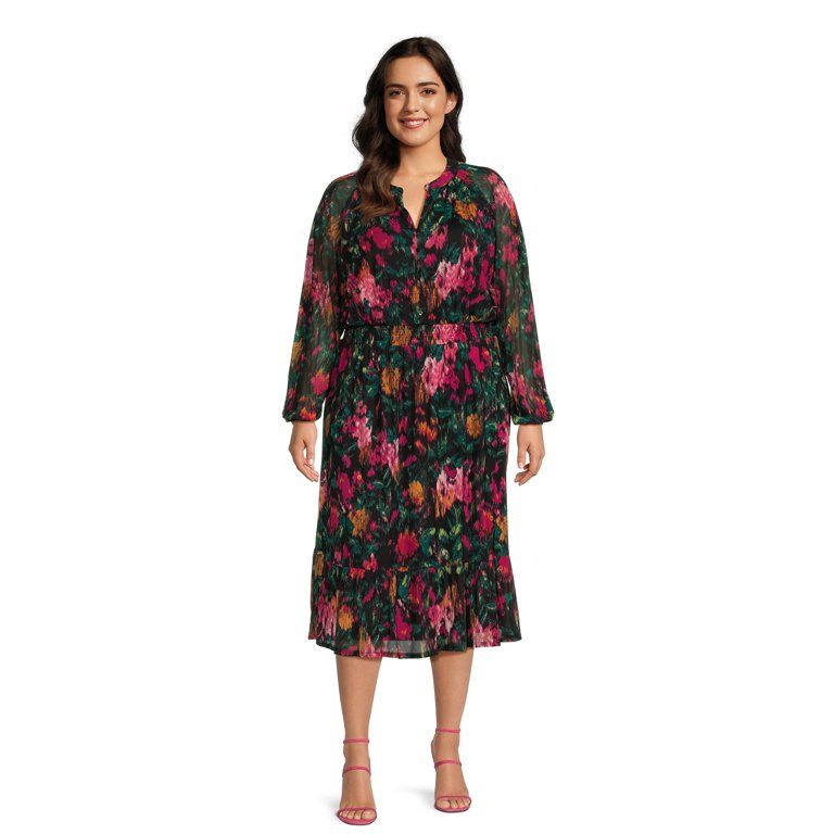 Terra & Sky Women's Plus Size Mesh Peasant Midi Dress with Smocked Waist | Walmart (US)