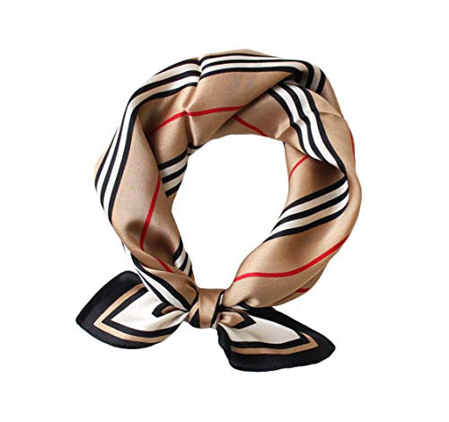 JERLA Women's Men's Small Square 100% Real Mulberry Silk satin Scarfs Hair head face scarf 21" x 21" (Stripe khaki) | Amazon (US)