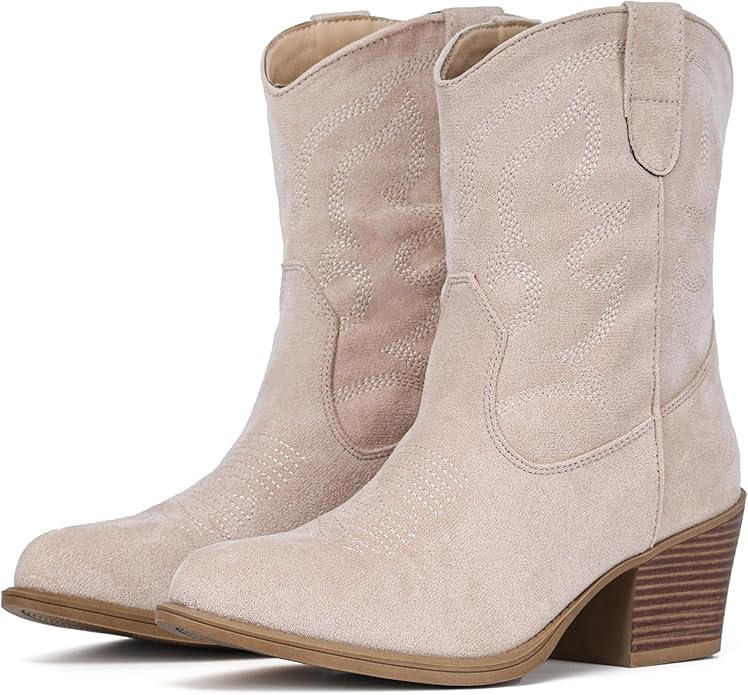 IXU Cowboy Boots for Women Wide Suede Ankle Western Cowgirl Boots Mid Calf Pointed Toe Short Chun... | Amazon (US)