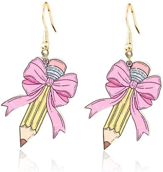 Colorful Pencil Earrings Acrylic Heart Hot Pink Bow Pencil Dangle Earrings Creative Cute Lover Te... | Amazon (US)