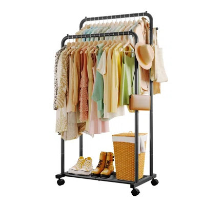 Clothes Rack - Double Rods Clothing Rack with Mesh Shelf, Hooks & Wheels, Metal Clothing Racks for Hanging Clothes & Bags, Multifunctional Garment Rac | Wayfair North America