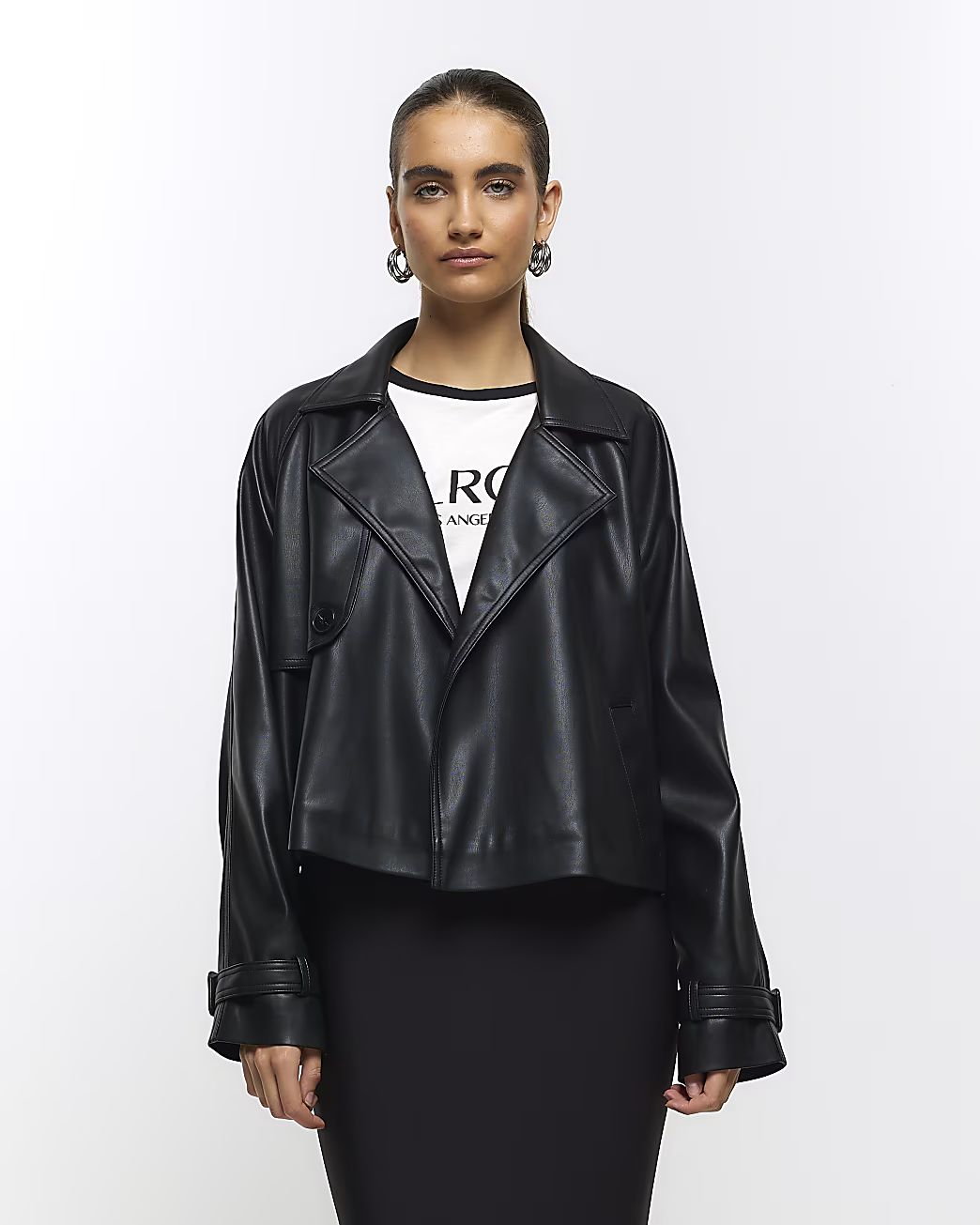 Black faux leather crop trench coat | River Island (UK & IE)