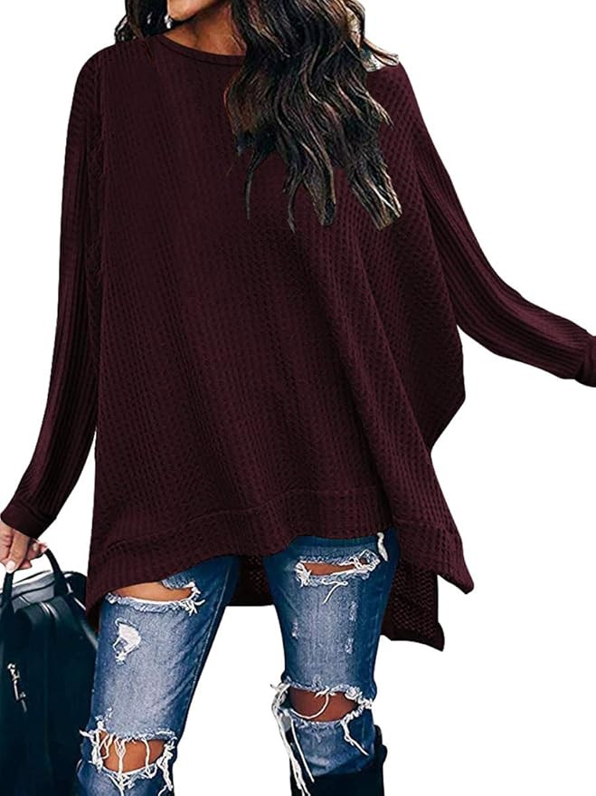 ANRABESS Women Crew Neck Batwing Sleeve High Low Hem Side Slit Waffle Knit Casual Loose Oversized... | Amazon (US)