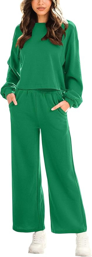 ANRABESS Women’s Two Piece Outfits Long Sleeve Crop Top Wide Leg Sweat Pants Knit Sweatsuit Fal... | Amazon (US)