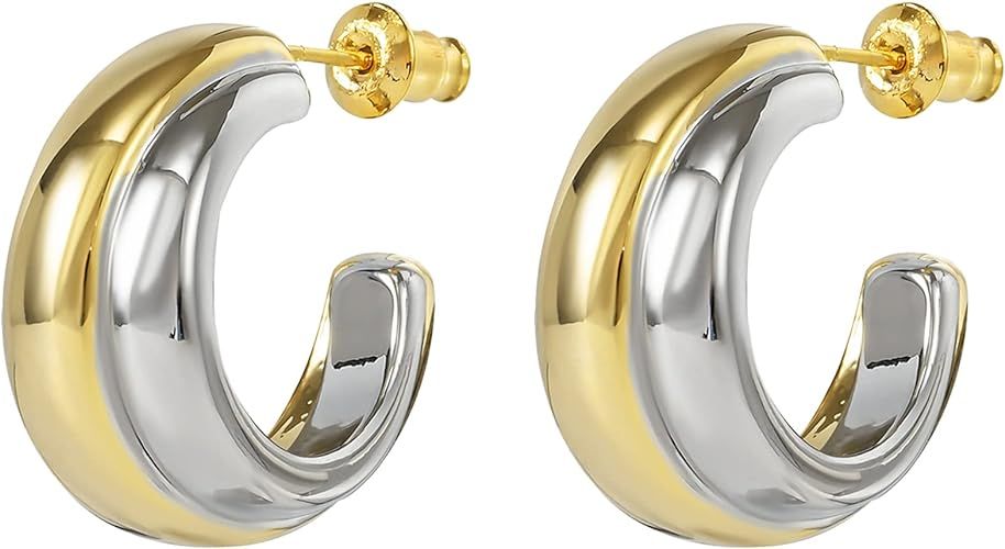 C Shaped Hoop Earrings for Women,Silver and 14K Gold Plated Huggie Hoops Two Tone Earrings for Gi... | Amazon (US)