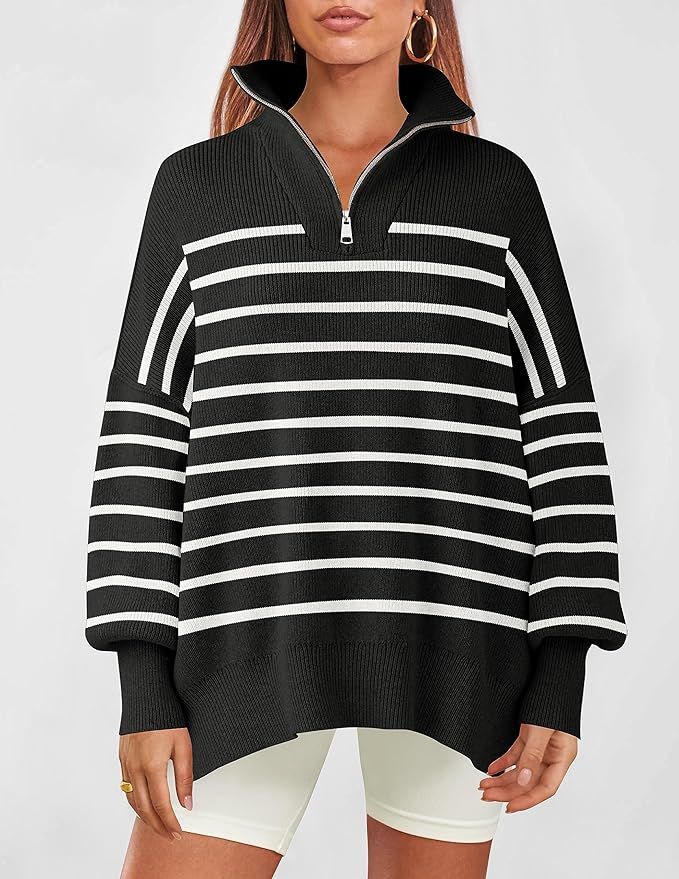 ZESICA Women's Striped 1/4 Zipper Sweater 2023 Long Sleeve Ribbed Knit Loose Oversized Chunky Pul... | Amazon (US)