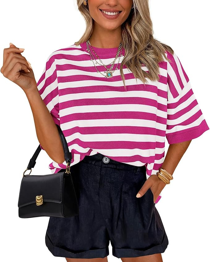 PRETTYGARDEN Womens Spring Summer Tops Fashion Striped Short Sleeve Sweater Crew Neck Lightweight... | Amazon (US)