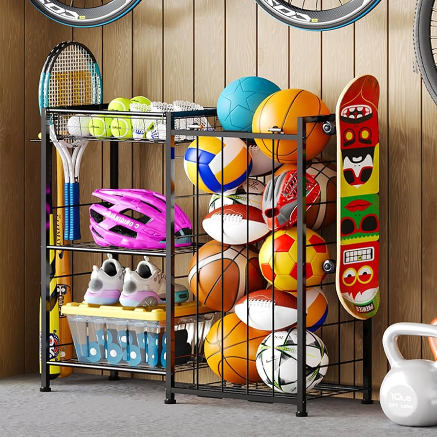 Sports Equipment Organizer, Ball Storage Rack with Elastic Straps and Removable Basket for Garage... | Amazon (US)