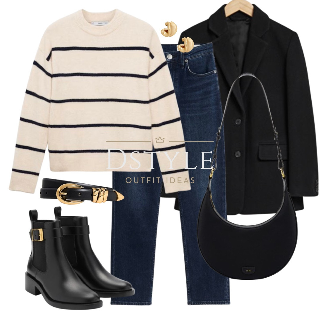 Black oversized wool blazer, striped sweater, slim jeans, black ankle boots with elastic panel and buckle, black leather belt

#LTKFindsUnder100 #LTKWorkwear #LTKStyleTip