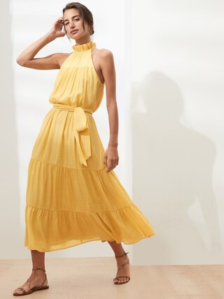 Tie-Neck Tiered Midi Dress | Banana Republic Factory