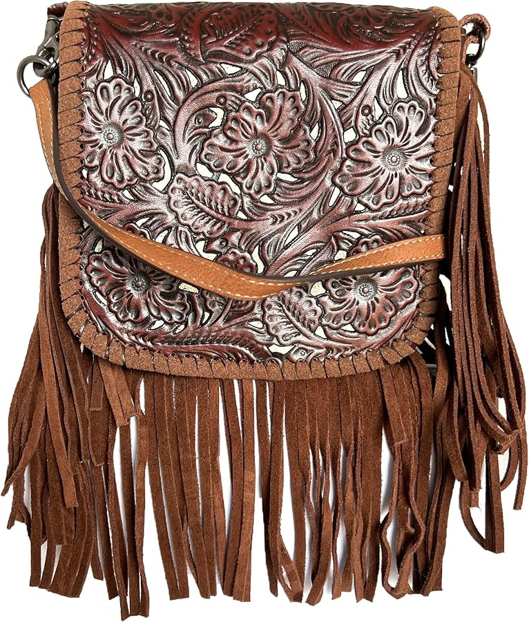 western floral tooled 100% leather fringe cross body purse (brown white) Small | Amazon (US)