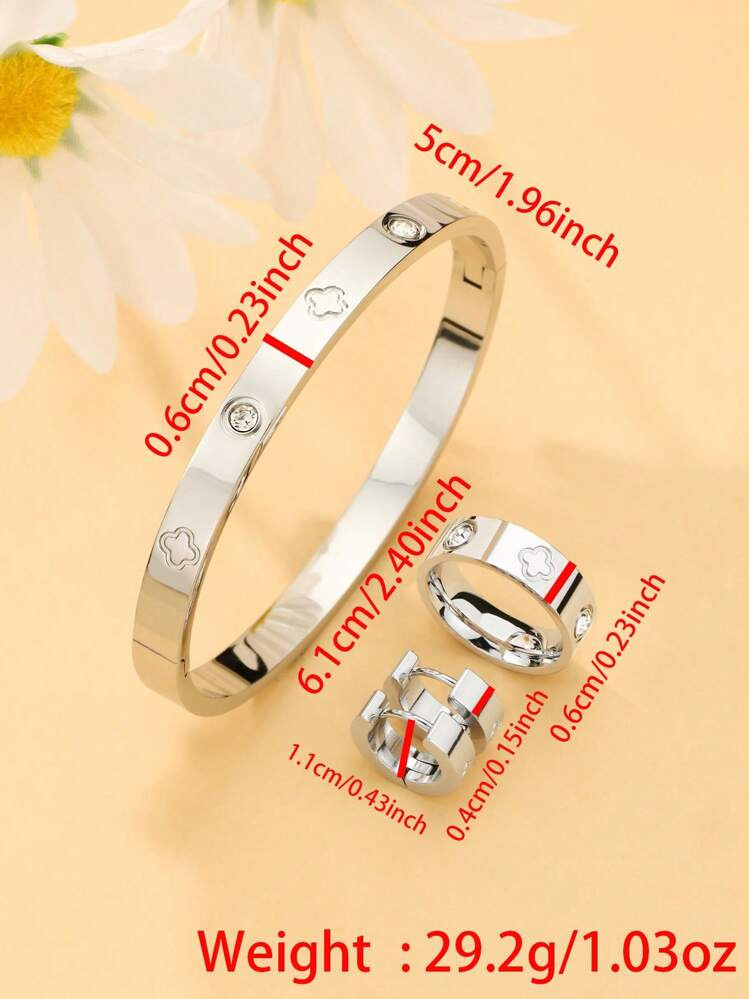 1set/4pcs New Stainless Steel Plant Set For Women Ladies Luxury Zirconia Clover Flower Bracelet Ring Earring Wedding Jewelry | SHEIN