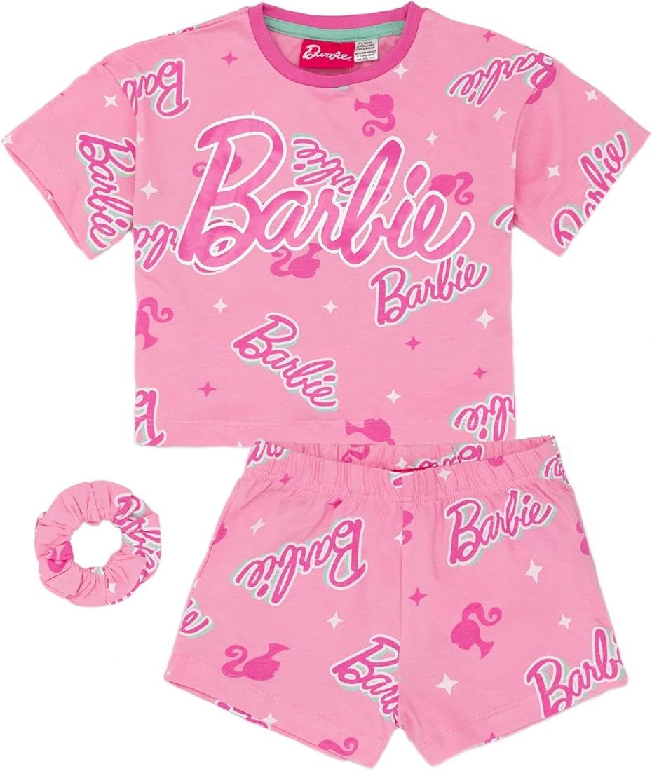 Barbie Girls Pink Pyjama Set | Kids T-Shirt and Shorts PJs with Scrunchie Classic Logo All-Over P... | Amazon (US)